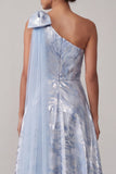 Vestido de Mãe da Noiva Azul Celeste Floral Linha A High Low com laço