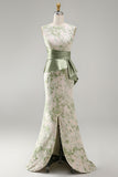 Vestido Longo de Mãe da Noiva Verde Floral Verde Claro com Faixa