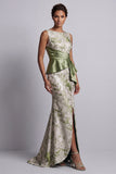 Vestido Longo de Mãe da Noiva Verde Floral Verde Claro com Faixa