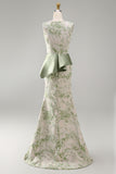 Vestido Longo de Mãe da Noiva Verde Floral Verde Claro com Faixa