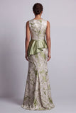 Vestido Longo de Mãe da Noiva Verde Floral Verde Claro com Faixa