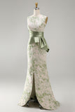 Vestido Longo de Mãe da Noiva Verde Floral Verde Claro com Faixa