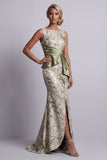 Vestido Longo de Mãe da Noiva Verde Floral Verde Claro com Faixa