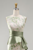 Vestido Longo de Mãe da Noiva Verde Floral Verde Claro com Faixa