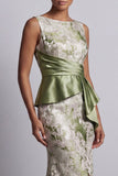 Vestido Longo de Mãe da Noiva Verde Floral Verde Claro com Faixa