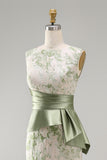 Vestido Longo de Mãe da Noiva Verde Floral Verde Claro com Faixa