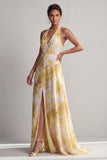 Cabresto A Linha Longa Amarela Estampada Floral Vestido de Mãe da Noiva com Fenda