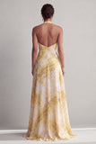 Cabresto A Linha Longa Amarela Estampada Floral Vestido de Mãe da Noiva com Fenda