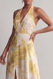 Cabresto A Linha Longa Amarela Estampada Floral Vestido de Mãe da Noiva com Fenda