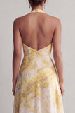 Cabresto A Linha Longa Amarela Estampada Floral Vestido de Mãe da Noiva com Fenda