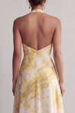 Cabresto A Linha Longa Amarela Estampada Floral Vestido de Mãe da Noiva com Fenda