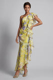 Vestido de Mãe da Noiva com estampado longo de sereia floral amarelo e folhos