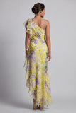 Vestido de Mãe da Noiva com estampado longo de sereia floral amarelo e folhos