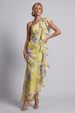 Vestido de Mãe da Noiva com estampado longo de sereia floral amarelo e folhos
