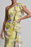 Vestido de Mãe da Noiva com estampado longo de sereia floral amarelo e folhos