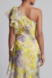 Vestido de Mãe da Noiva com estampado longo de sereia floral amarelo e folhos