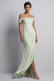 Vestido de Mãe da Noiva Longo Verde Claro e Franzido Floral de Sereia com Fenda