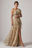 Uma linha champanhe Vestido de Mãe da Noiva com Folhos Florais Compridos e Fenda