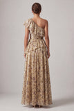 Uma linha champanhe Vestido de Mãe da Noiva com Folhos Florais Compridos e Fenda