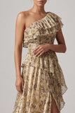 Uma linha champanhe Vestido de Mãe da Noiva com Folhos Florais Compridos e Fenda