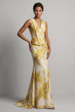 Vestido de Mãe da Noiva Amarelo Estampado de Sereia Floral com Faixa