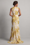 Vestido de Mãe da Noiva Amarelo Estampado de Sereia Floral com Faixa