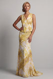 Vestido de Mãe da Noiva Amarelo Estampado de Sereia Floral com Faixa