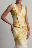 Vestido de Mãe da Noiva Amarelo Estampado de Sereia Floral com Faixa