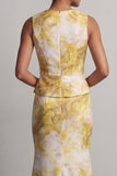 Vestido de Mãe da Noiva Amarelo Estampado de Sereia Floral com Faixa