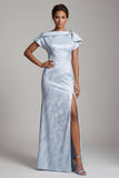 Vestido Floral Azul Celeste de Sereia Longo Mãe da Noiva com Fenda