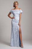 Vestido Floral Azul Celeste de Sereia Longo Mãe da Noiva com Fenda