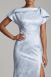 Vestido Floral Azul Celeste de Sereia Longo Mãe da Noiva com Fenda
