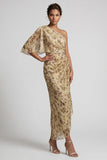 Vestido de Mãe da Noiva Champanhe Floral Longo e Franzido com Capa Lateral