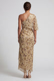 Vestido de Mãe da Noiva Champanhe Floral Longo e Franzido com Capa Lateral