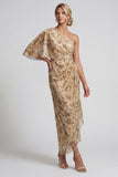 Vestido de Mãe da Noiva Champanhe Floral Longo e Franzido com Capa Lateral