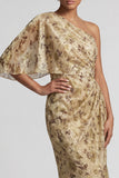 Vestido de Mãe da Noiva Champanhe Floral Longo e Franzido com Capa Lateral