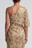 Vestido de Mãe da Noiva Champanhe Floral Longo e Franzido com Capa Lateral