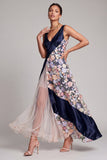 Blush de decote em V Longo Vestido Floral de Mãe da Noiva Linha A
