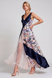 Blush de decote em V Longo Vestido Floral de Mãe da Noiva Linha A