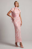 Blush brilhante Vestido de Mãe da Noiva com bainha longa, manga curta Com contas em forma de fechadura