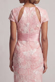 Blush brilhante Vestido de Mãe da Noiva com bainha longa, manga curta Com contas em forma de fechadura