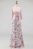 Blush com gola barco e blush Longo Vestido Floral de Mãe da Noiva em forma de sereia com bolsos