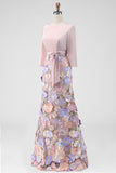 Blush com gola barco e blush Longo Vestido Floral de Mãe da Noiva em forma de sereia com bolsos