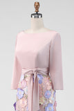Blush com gola barco e blush Longo Vestido Floral de Mãe da Noiva em forma de sereia com bolsos