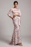 Blush com gola barco e blush Longo Vestido Floral de Mãe da Noiva em forma de sereia com bolsos