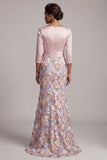 Blush com gola barco e blush Longo Vestido Floral de Mãe da Noiva em forma de sereia com bolsos