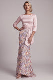Blush com gola barco e blush Longo Vestido Floral de Mãe da Noiva em forma de sereia com bolsos