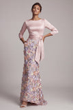 Blush com gola barco e blush Longo Vestido Floral de Mãe da Noiva em forma de sereia com bolsos