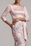 Blush com gola barco e blush Longo Vestido Floral de Mãe da Noiva em forma de sereia com bolsos