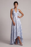 Cabresto sem costas Uma linha azul céu floral alto baixo Vestido de mãe da noiva